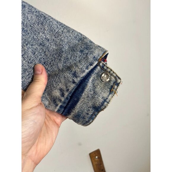Vintage Acid Wash Denim Jean Bomber Jacket Blue 10 Flannel Plaid 80s Y2K Preppy - Picture 2 of 16